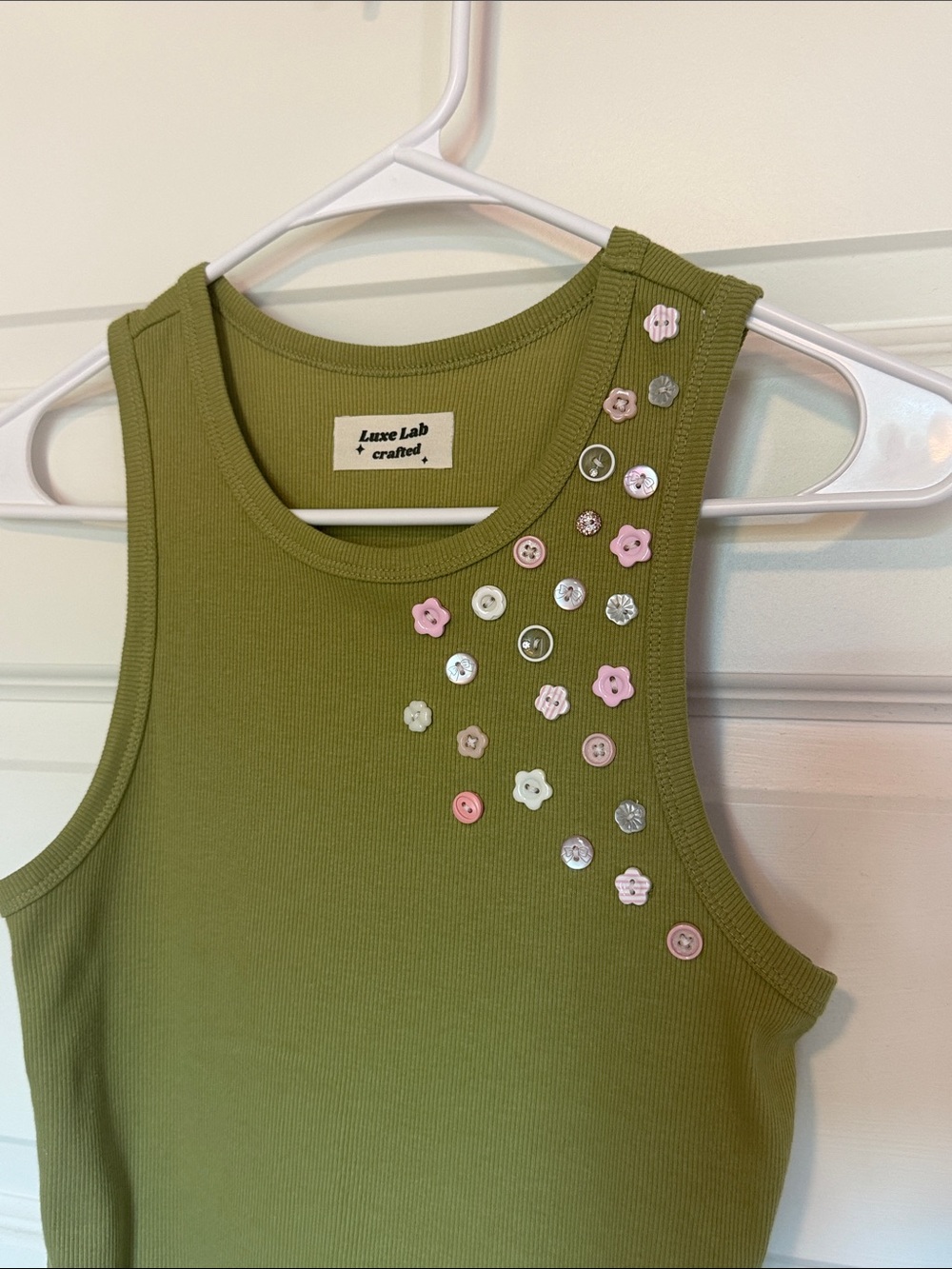 No Boundaries Olive Green Ribbed Tank with Pastel Button Accents